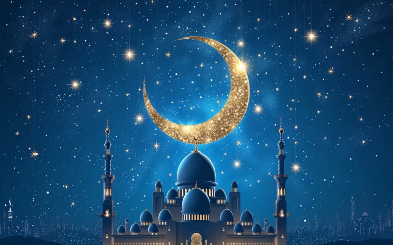 Ramadan Kareem gratulationskort banner affisch design med gyllene månen och moskén