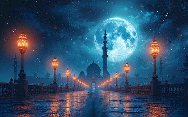 Рамадан Карим поздравительная открытка баннер дизайн плаката с дорожным светом и мечетью с луной