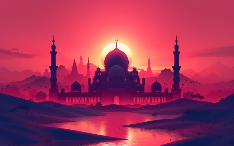 斋月贺卡横幅海报设计与清真寺和月亮 03