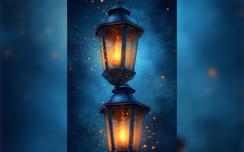 Design del poster della cartolina d'auguri di Ramadan Kareem con lanterne e sfondo stellato