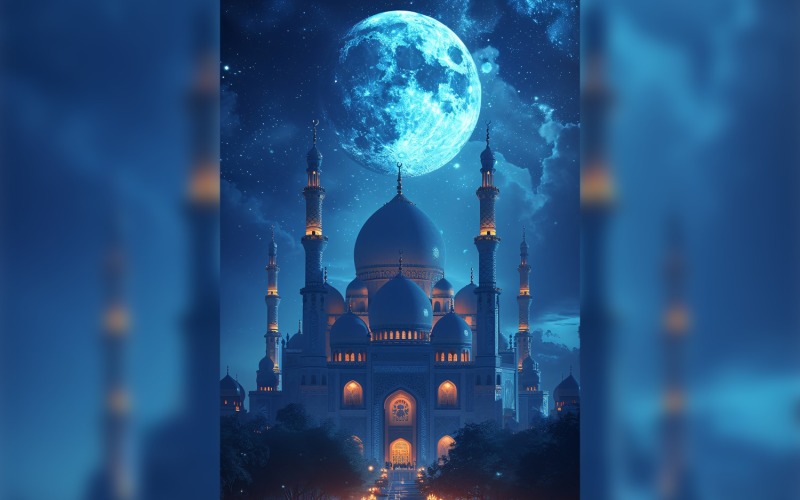 Poster di cartolina d'auguri Ramadan Kareem con moschea e luna 01