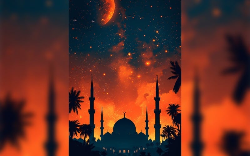 Ramadan Kareem greeting card poster design with mosque & star 01
