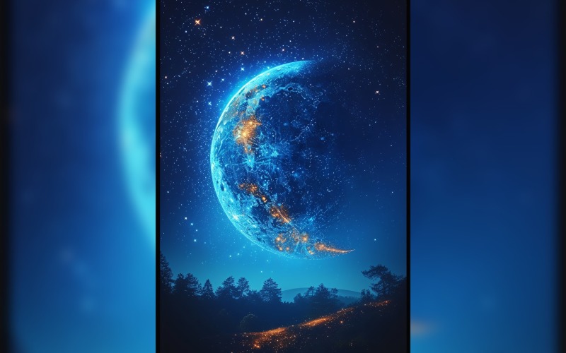 Poster di auguri Ramadan Kareem con luna e foresta