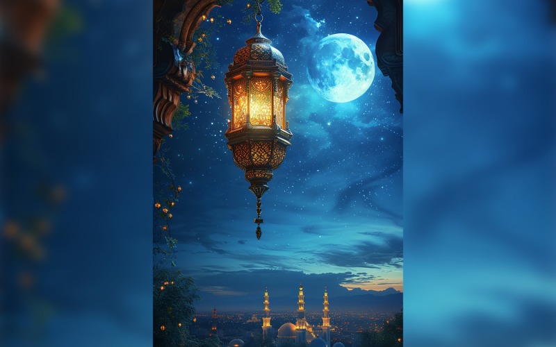 Poster di auguri Ramadan Kareem con luna e lanterna 06