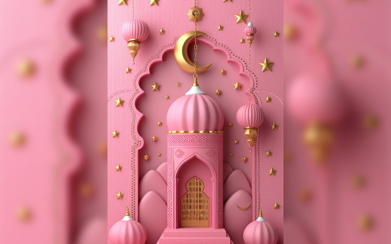 Poster di auguri Ramadan Kareem con stella e luna con moschea Minar