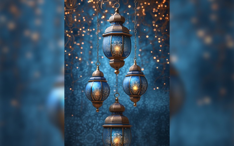 Projekt plakatu z pozdrowieniami Ramadan Kareem z latarnią i efektem bokeh