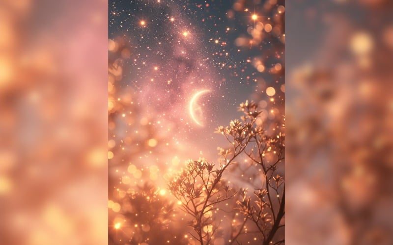 Ramadan-Kareem-Grußplakatdesign mit Pflanzen und Mond mit glitzerndem Hintergrund