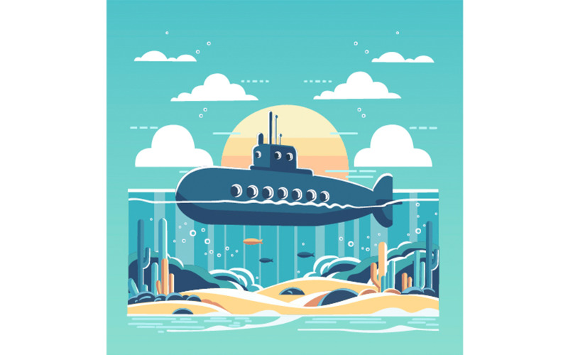 Ilustra??o de submarino com fundo subaqu?tico