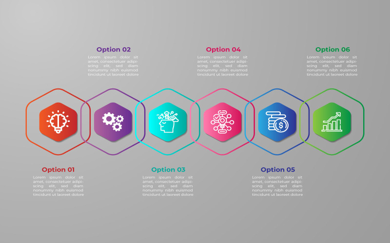 Vektor-Infografik-Designvorlage im Polygon-Stil mit sechs Optionen.