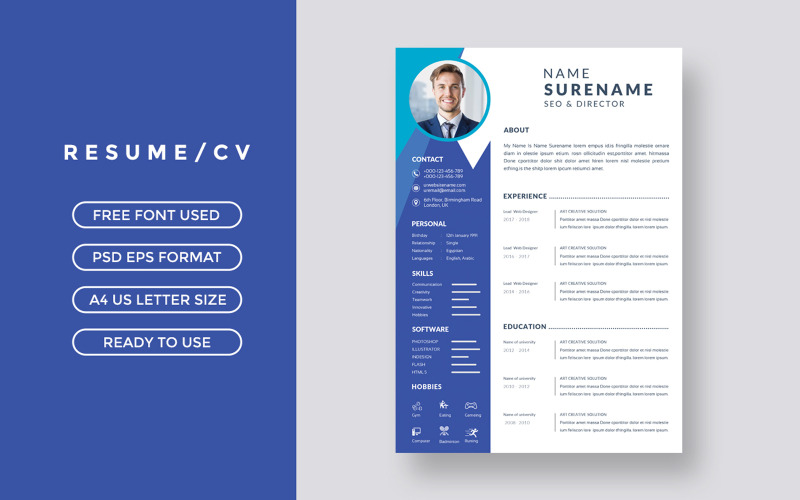 Modello di curriculum professionale per curriculum blu
