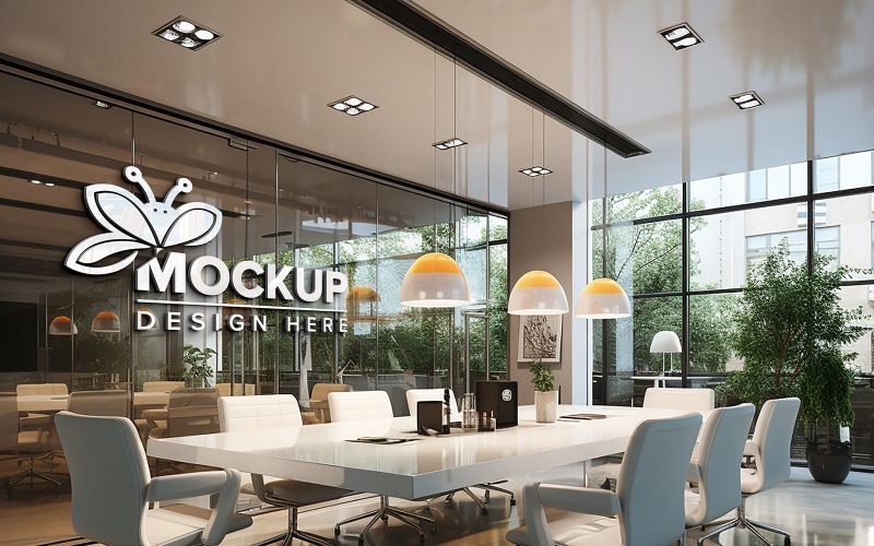 Glasvägg kontor mötesrum logotyp mockup psd