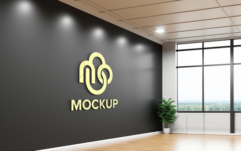Office wall mockup logo realistic 3d indoor logo mockup on black office ...