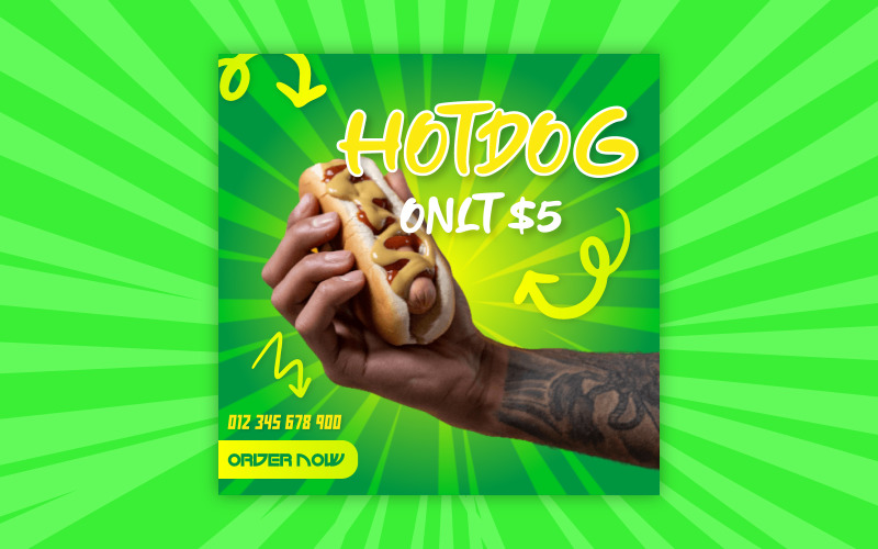 Lahodný hotdog Rychlé občerstvení sociální média reklamní banner šablona EPS
