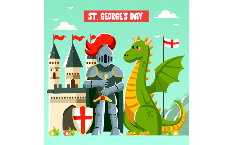 Плоский День Святого Георгия с иллюстрацией рыцаря и дракона