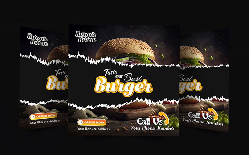 Kreatív burgerhirdetés közösségi média poszttervezés