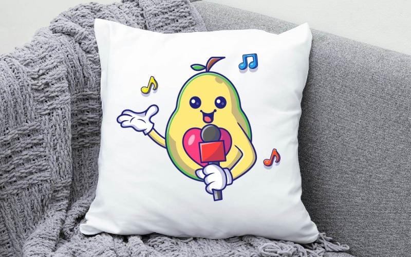 Illustrazione carina gratuita dell'icona di vettore del carattere della mascotte della canzone di canto e del microfono della tenuta dell'avocado