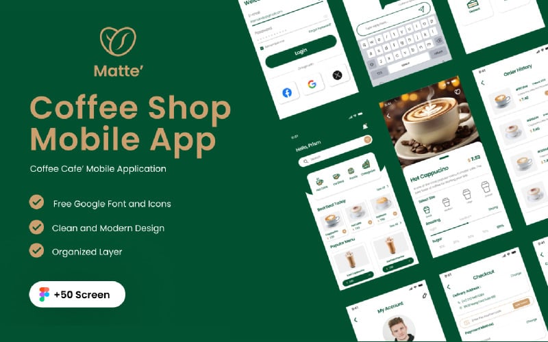 Matte — zestaw interfejsu aplikacji mobilnej Cafe