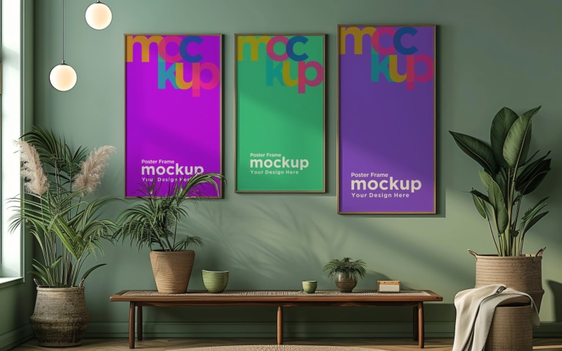Poster Frame Mockup with decorative items on a green wall