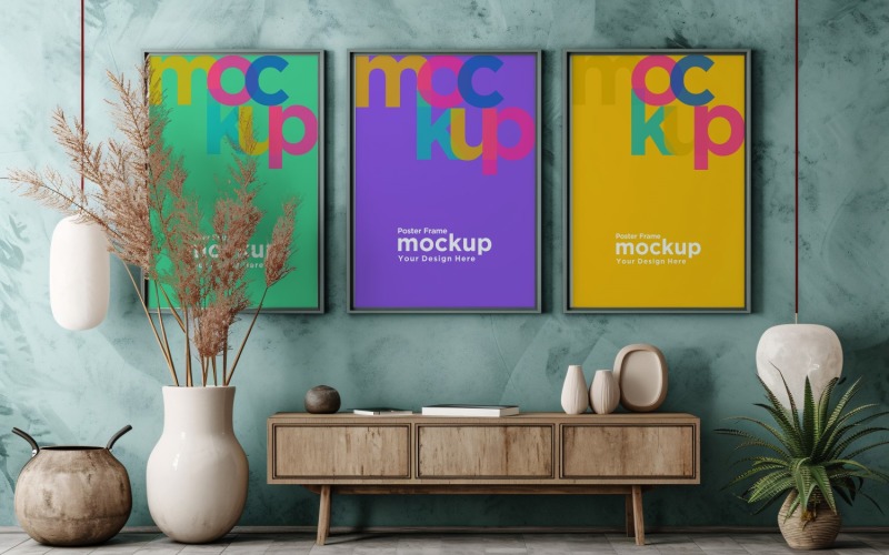 Poster Frame Mockup with decorative items on the table 06