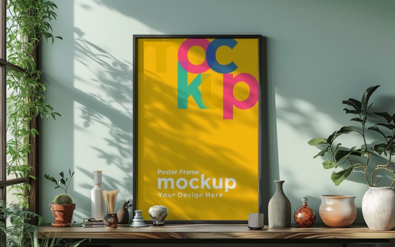 Mockup di cornice per poster con vasi e oggetti decorativi 16