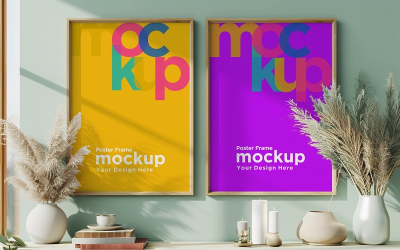 Poster Frame Mockup med en vas och böcker på hyllan 32