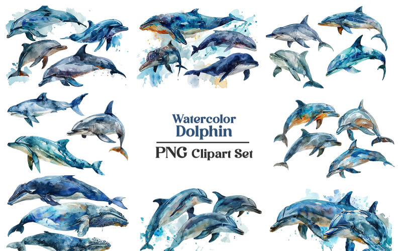 Conjunto de animales marinos acuarela dibujados a mano ballena o delfín