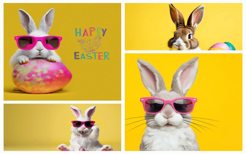 Colección de 4 divertidos conejitos de Pascua aislados sobre fondo amarillo