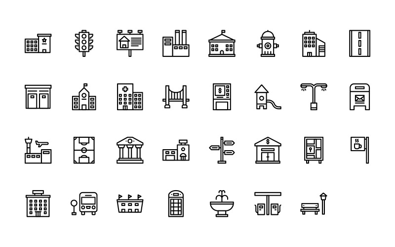 Conjunto de ícones de elementos de cidade em estilo de contorno pronto para usar