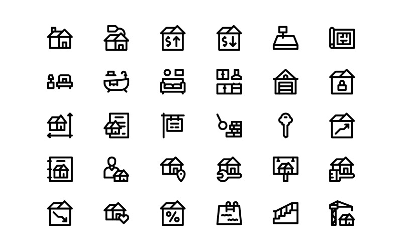Conjunto de ícones imobiliários em estilo de linha pronto para usar