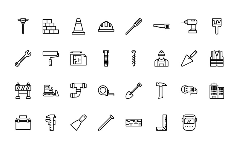 Gebrauchsfertiges Icon-Set für den Umrissstil „Konstruktion und Werkzeuge“.