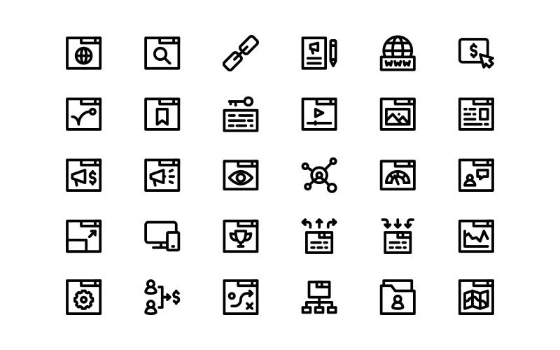 Gebrauchsfertiges Linienstil-SEO- und SEM-Icon-Set