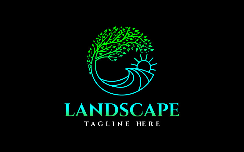 Conception de logo de paysage naturel d'arbre de cercle de mer d'océan