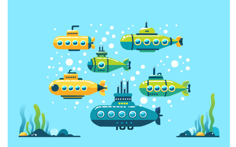 Набор Мультфильм Подводных Лодок Подводный Морской Пейзаж Фон Иллюстрации