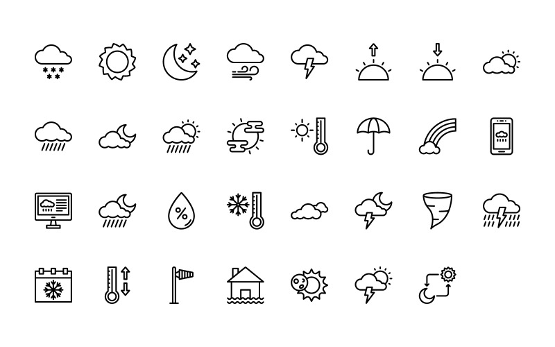 Set di icone meteo in stile contorno pronto per l'uso