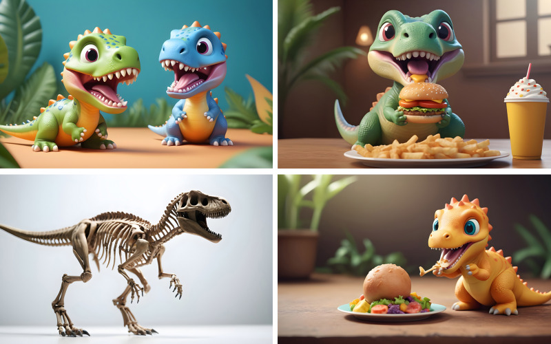 Rendu 3D de différents dinosaures mignons sur fond tropical