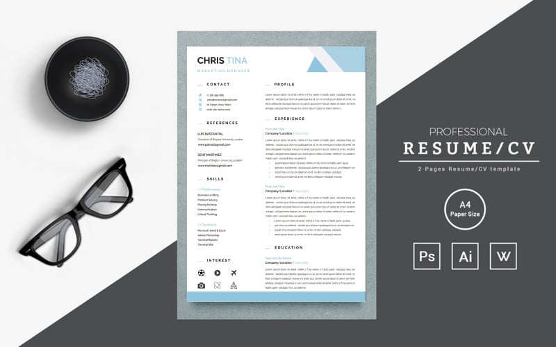 Modelo de currículo de formato simples e minimalista para Word, modelo de currículo de CV moderno e limpo, compatível com ATS