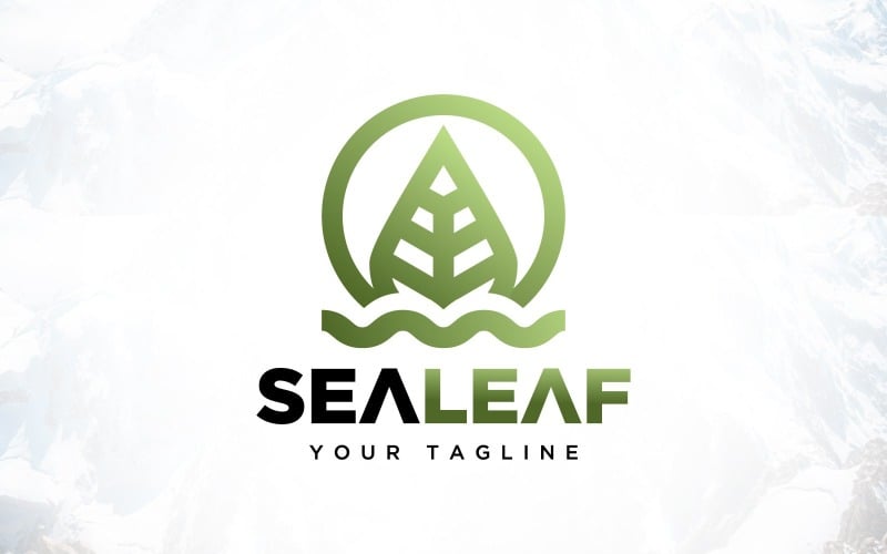 Diseño de logotipo de sol y hoja de agua de mar