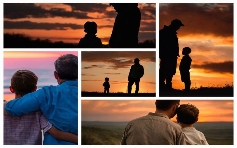 Sammlung von 5 Vater- und Sohnaufnahmen von hinten bei Sonnenuntergang
