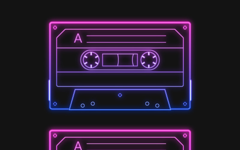 Neonowa retro różowa kaseta magnetofonowa, zestaw ilustracji wektorowych