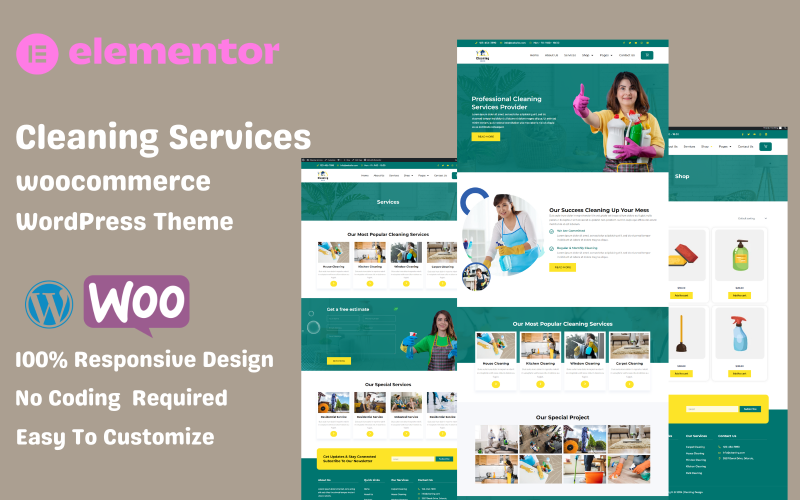 Takarítási szolgáltatások WooCommerce Elementor WordPress téma