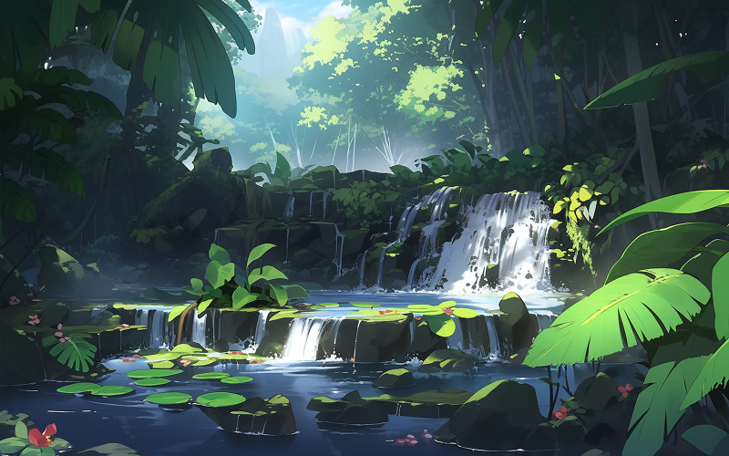 Джунгли с озером_ тропические джунгли_водопад, тропический_тропический лес с водопадом_джунгли с озером