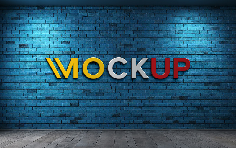 3D-logo mockup op blauwe bakstenen muur