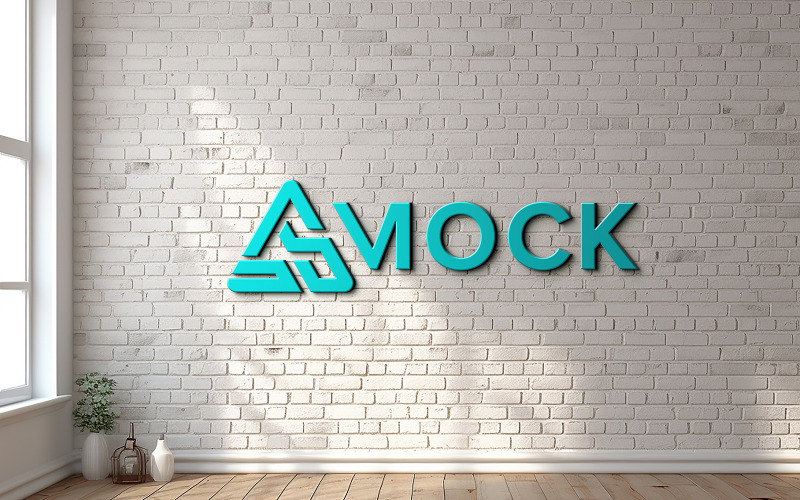 3d realistic cyan logo mockup on bricks wall