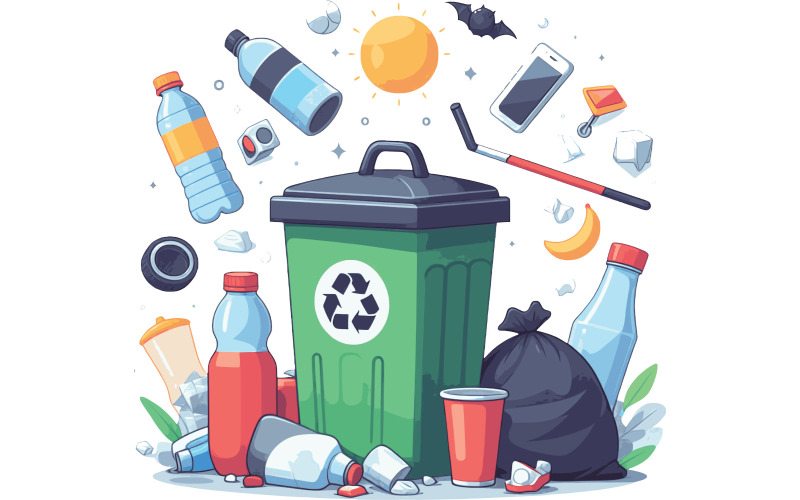 Kosz na śmieci z wektorem elementów pochodzących z recyklingu