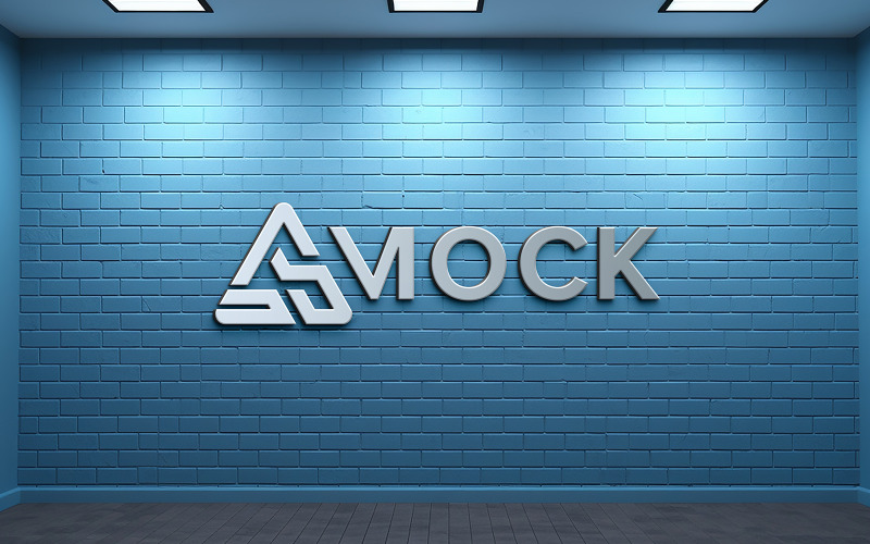 Maquete de logotipo 3D realista na parede azul de tijolos