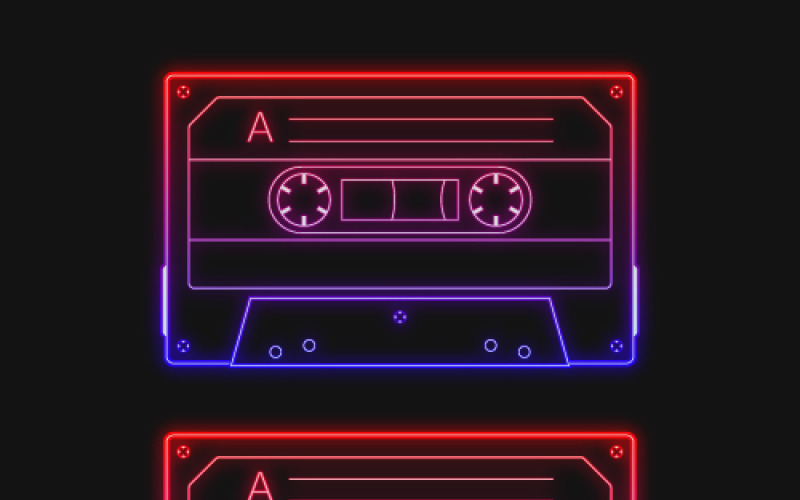 Cinta de casete roja de audio retro de neón, un conjunto de ilustraciones vectoriales