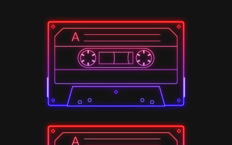 Fita cassete vermelha de áudio retrô neon, um conjunto de ilustrações vetoriais