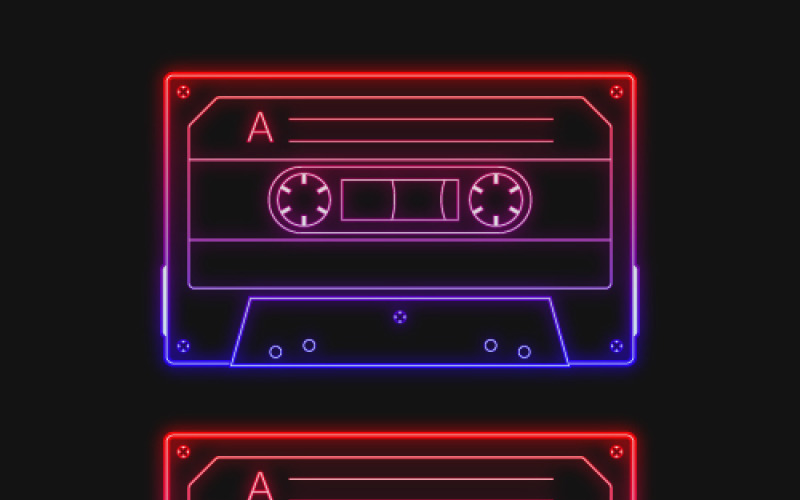 Neon retro audio piros kazetta, vektoros illusztráció készlet