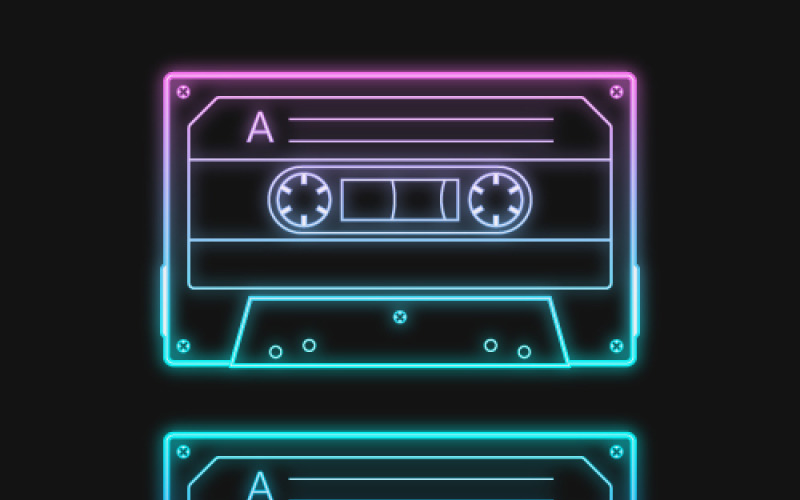 Neon retro audio kék kazetta, vektoros illusztráció készlet