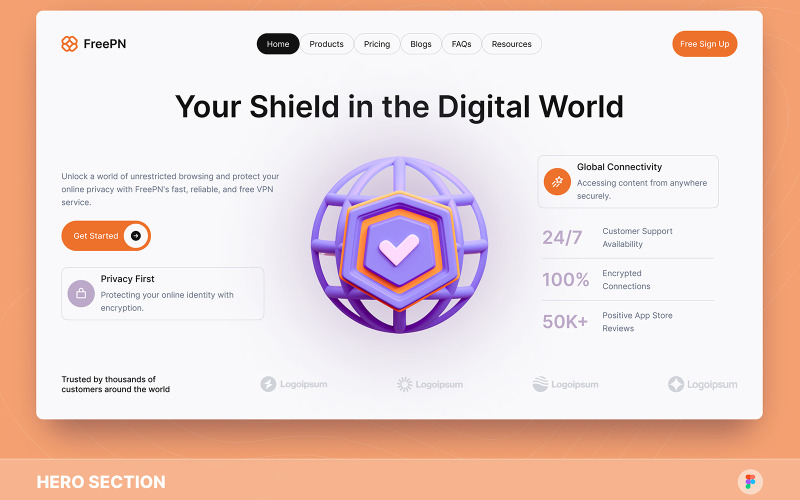 FreePN - Modèle Figma de la section Héros du service VPN